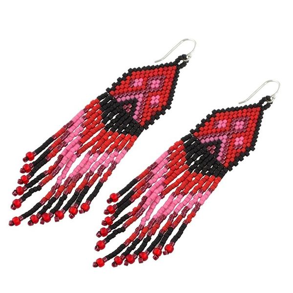 Alternate image for Red, Pink and Black Woven Bead Waterfall Earrings Peaks and Valleys in Red