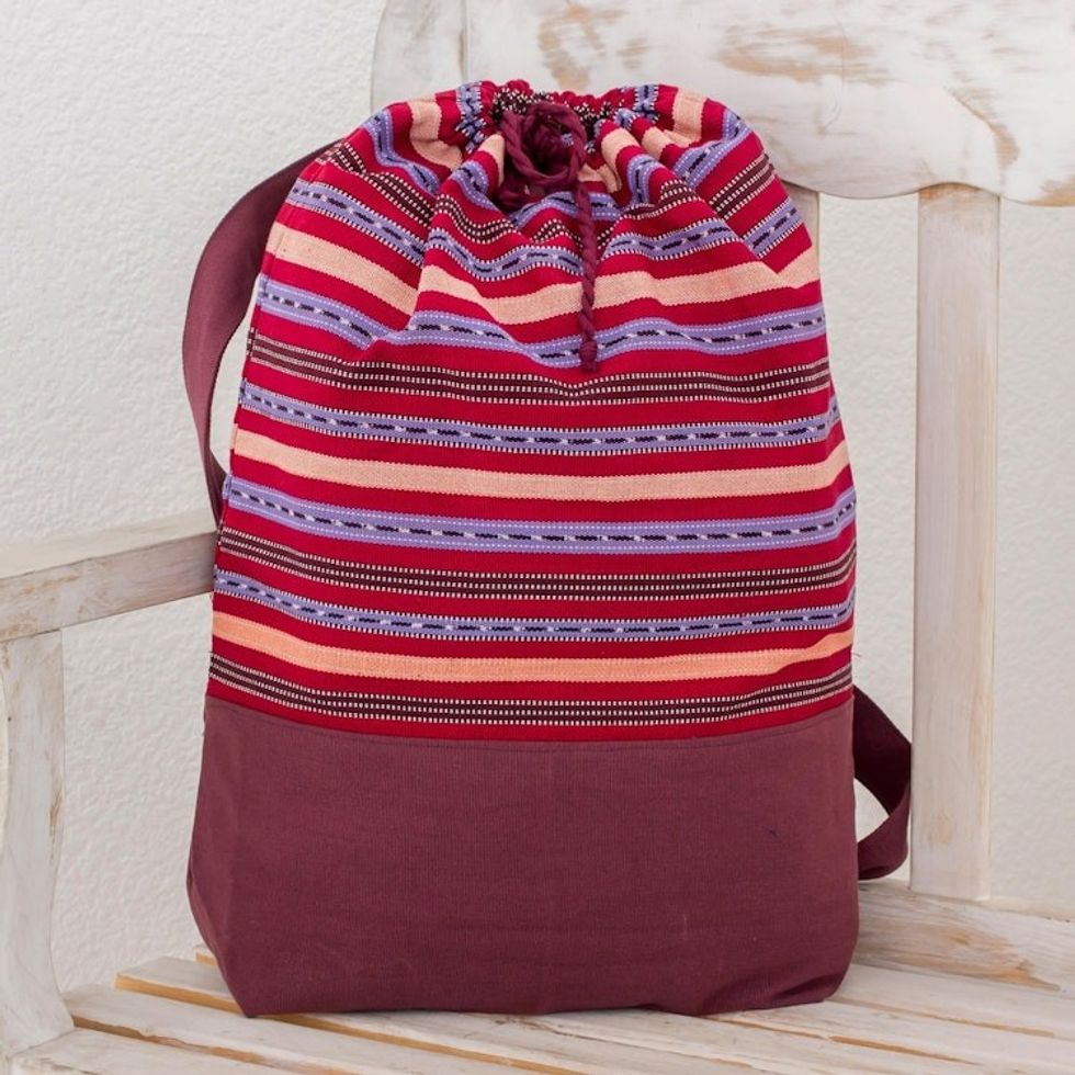 Striped Cotton Backpack in Bordeaux from Guatemala 'Expedition in Bordeaux'
