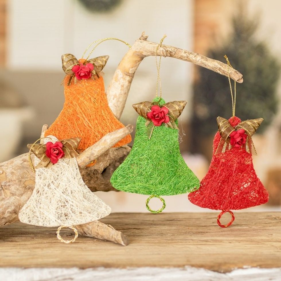 Handcrafted Natural Fiber Bell Holiday Ornaments Set of 4 'Joyous Bells'