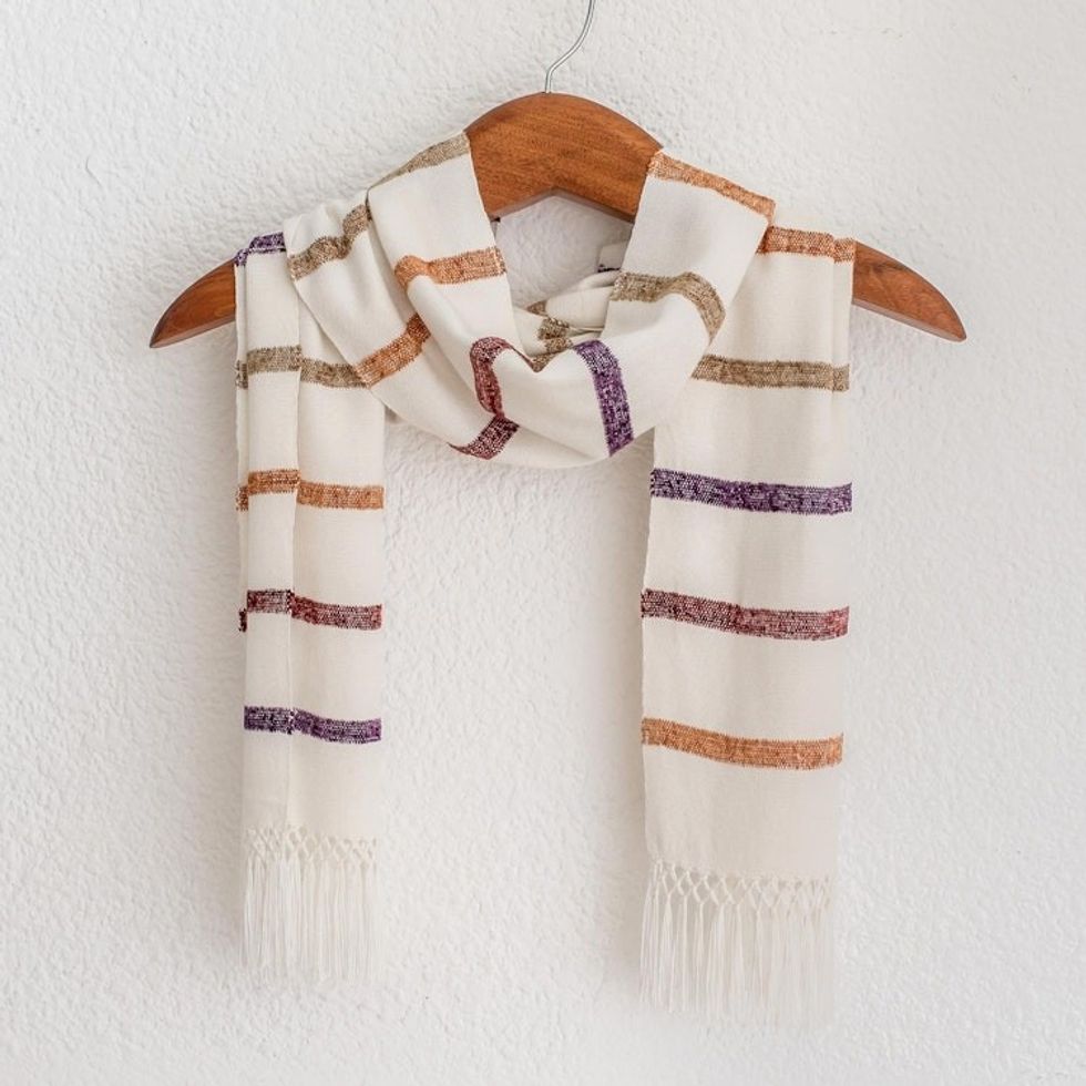 Striped Rayon Wrap Scarf in White from Guatemala 'Autumn Memories'