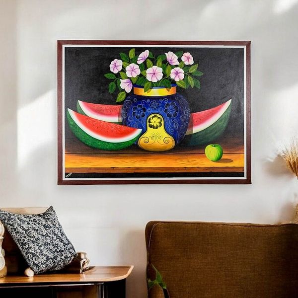Alternate image for Still Life Painting of Watermelon and Flowers Guatemala Art Flowers and Watermelon
