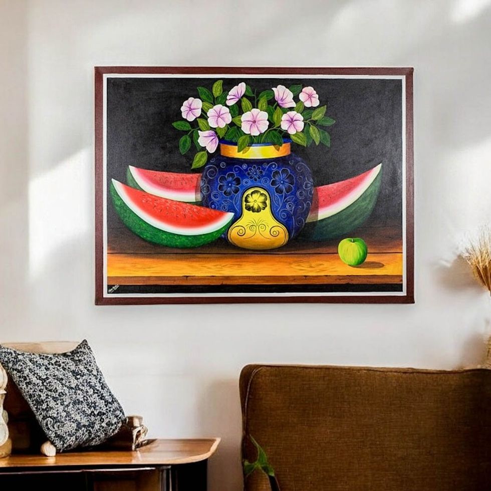 Still Life Painting of Watermelon and Flowers Guatemala Art 'Flowers and Watermelon'