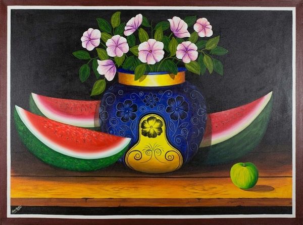 Alternate image for Still Life Painting of Watermelon and Flowers Guatemala Art Flowers and Watermelon