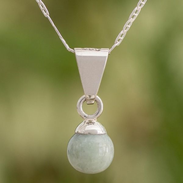 Alternate image for Pale Green Jade Silver Pendant Necklace from Guatemala Mayan Moon