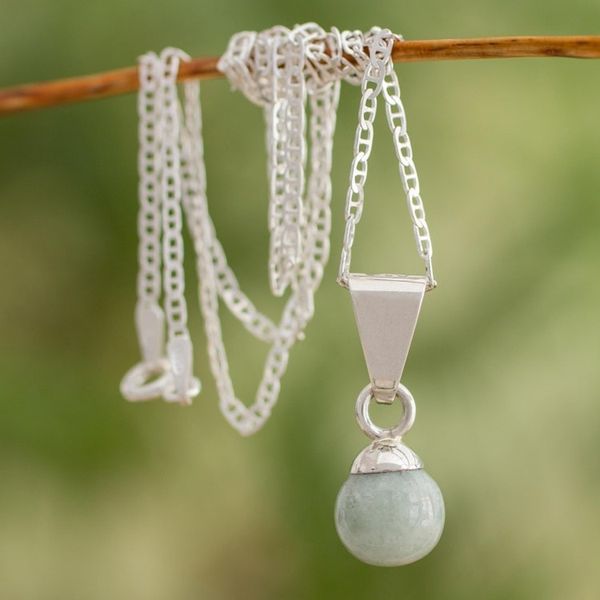 Alternate image for Pale Green Jade Silver Pendant Necklace from Guatemala Mayan Moon