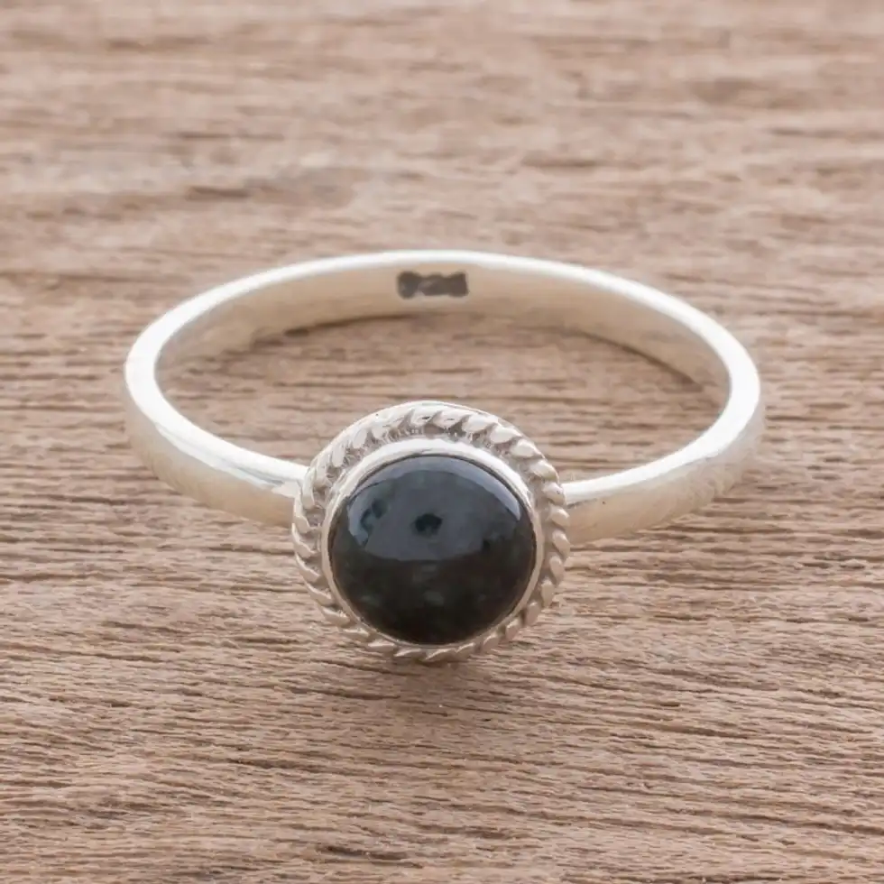 Dark Green Jade Solitaire Ring Crafted in Guatemala 'Ancient Circle'