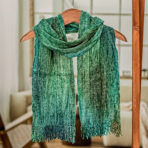 Alternate image for Teal and Blue Backstrap Loom Rayon Chenille Scarf Precious Teal