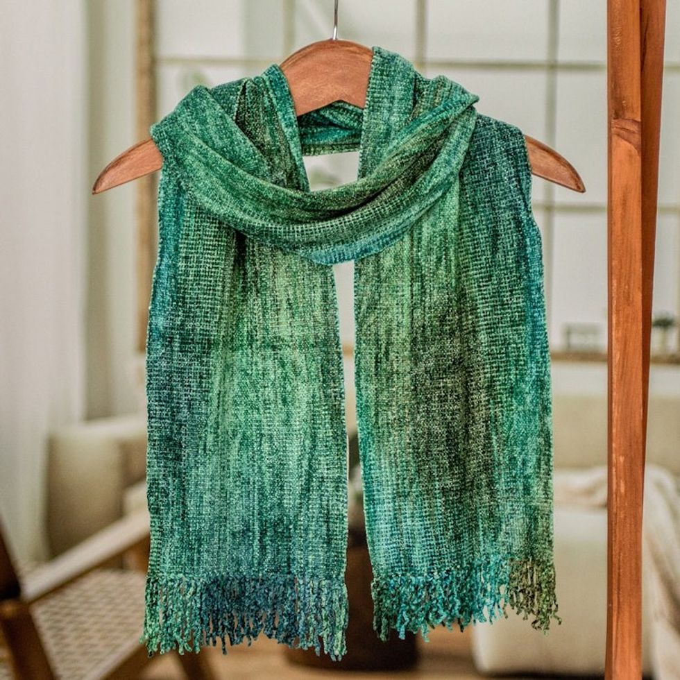 Teal and Blue Backstrap Loom Rayon Chenille Scarf 'Precious Teal'