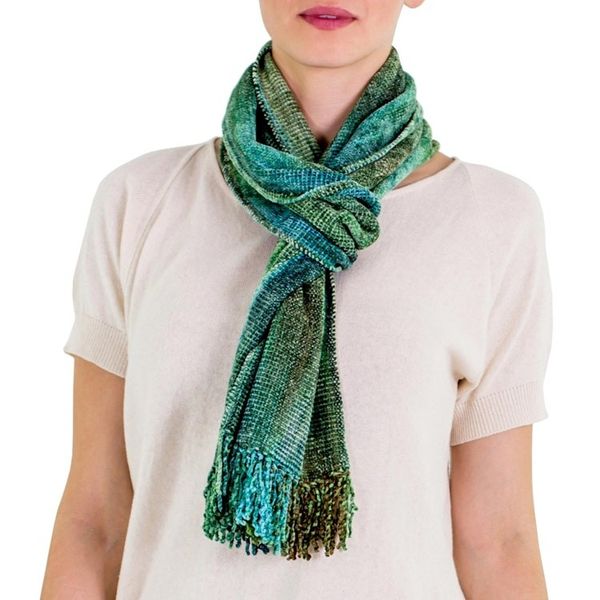 Alternate image for Teal and Blue Backstrap Loom Rayon Chenille Scarf Precious Teal
