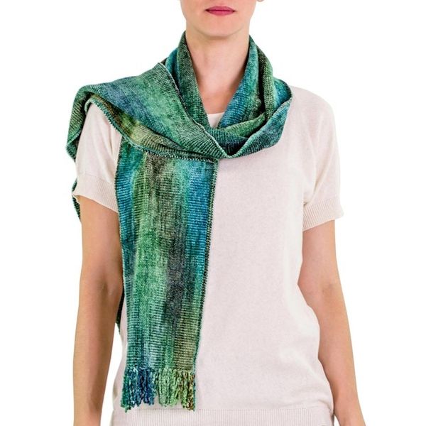 Alternate image for Teal and Blue Backstrap Loom Rayon Chenille Scarf Precious Teal