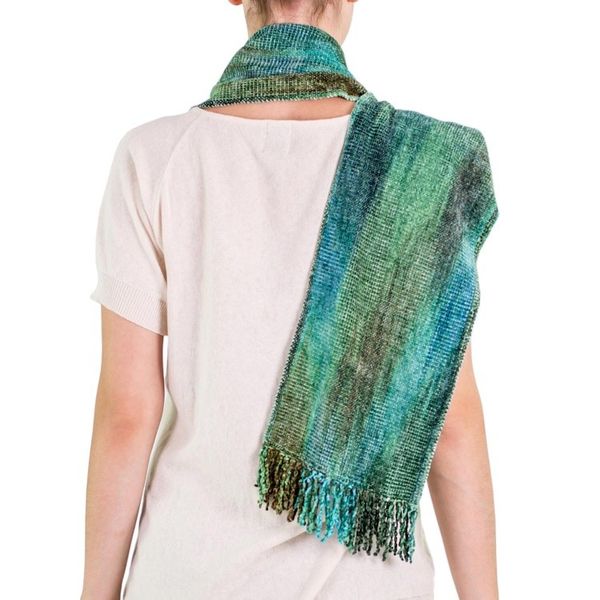 Alternate image for Teal and Blue Backstrap Loom Rayon Chenille Scarf Precious Teal