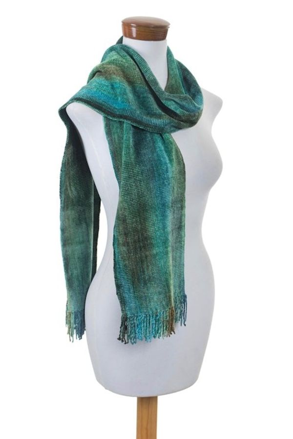 Alternate image for Teal and Blue Backstrap Loom Rayon Chenille Scarf Precious Teal