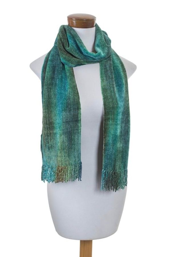 Alternate image for Teal and Blue Backstrap Loom Rayon Chenille Scarf Precious Teal