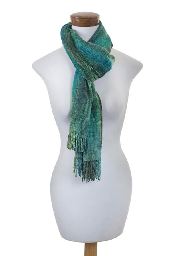 Alternate image for Teal and Blue Backstrap Loom Rayon Chenille Scarf Precious Teal