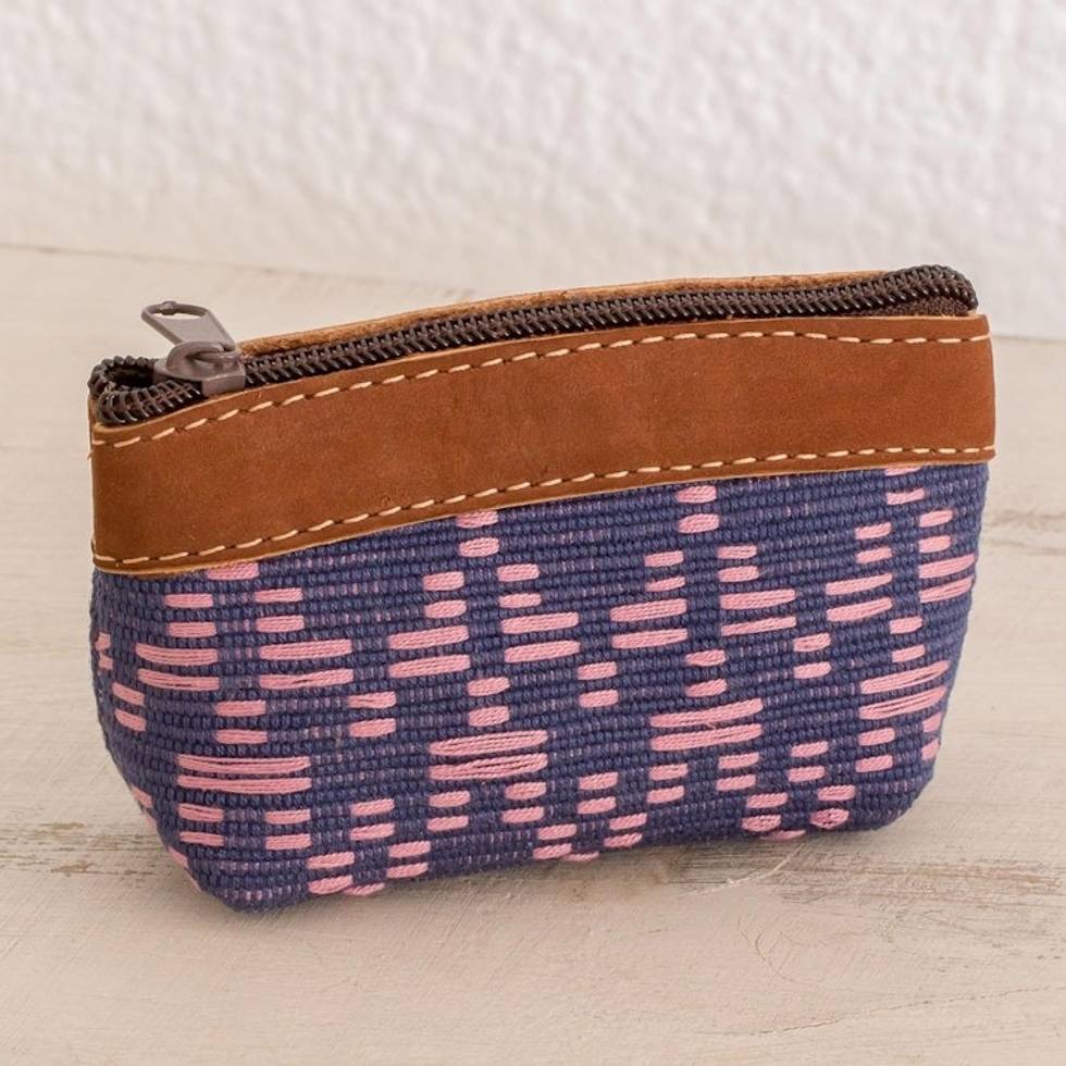 Leather Accent Cotton Coin Purse from Guatemala 'Textured Beauty'