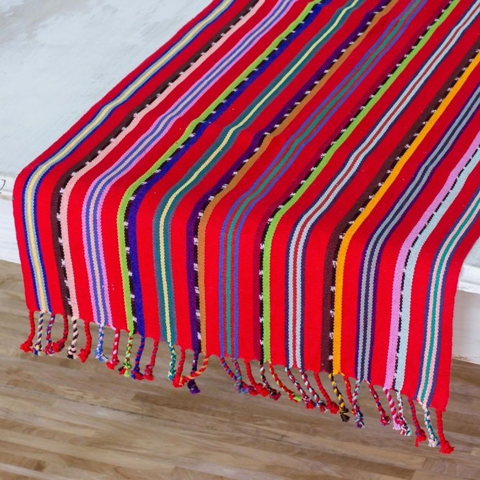 Colorful Hand Woven Guatemalan Cotton Table Runner 'Villages of Guatemala'