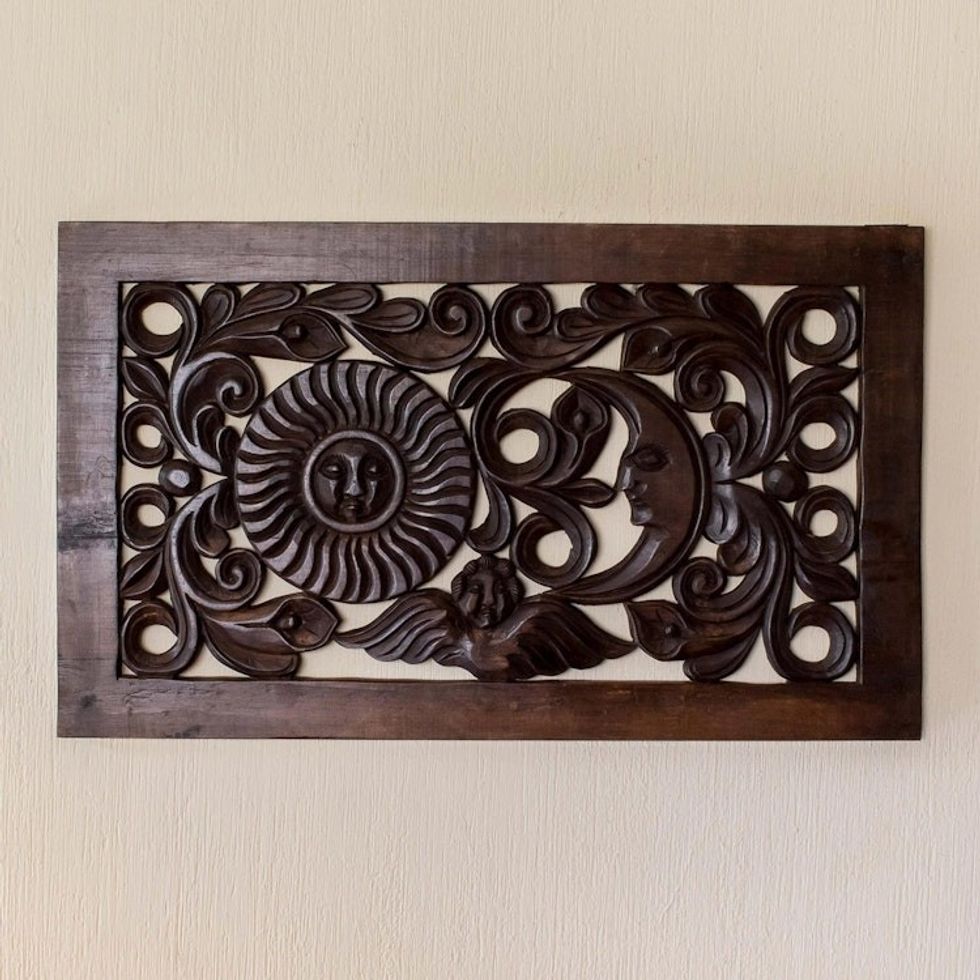 Artisan Crafted Pine Wood Wall Panel with Sun and Moon 'The Angel and the Stars'