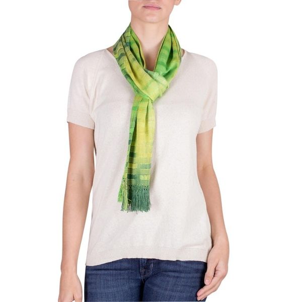 Alternate image for Backstrap Rayon Handmade Scarf in Shades of Green Evergreen