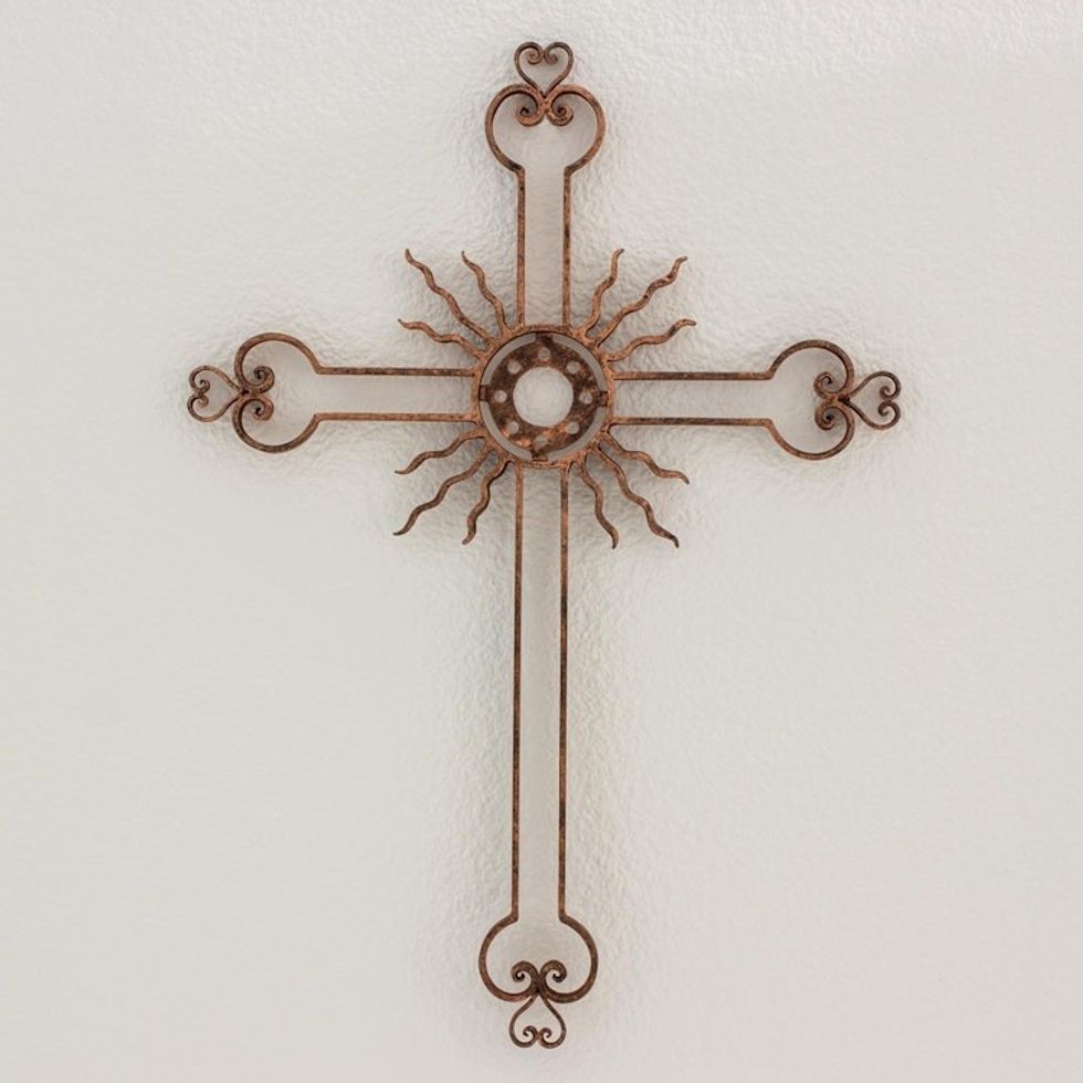 Iron Wall Decor Antiqued Cross Copper Color from Guatemala 'Light of the Path in Copper'