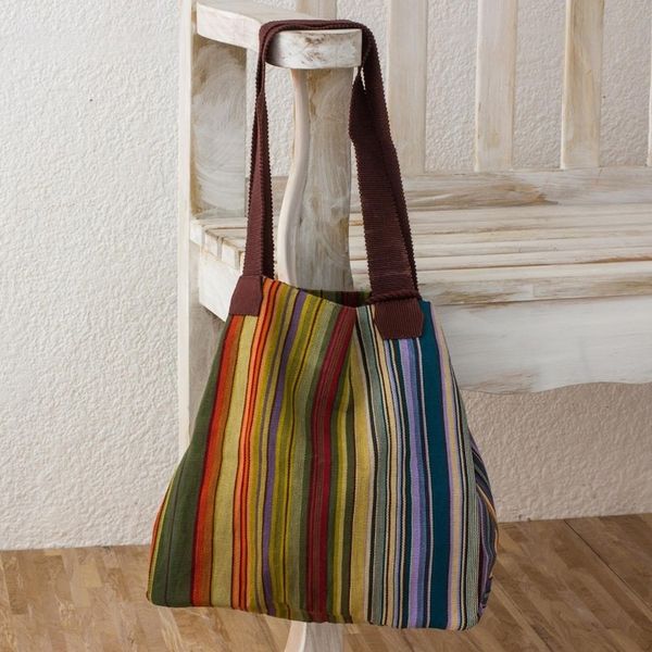 Alternate image for 100 Cotton Handwoven Colorful Striped Tote Handbag Earth and Sky
