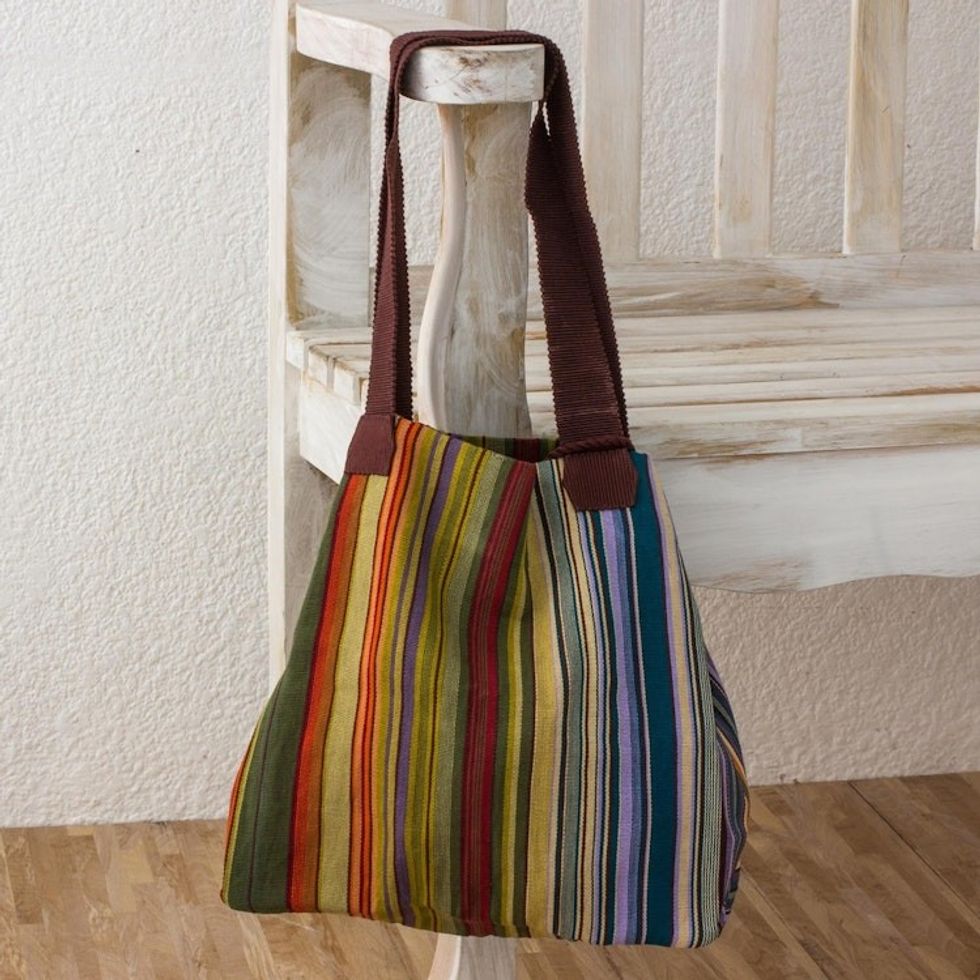 100 Cotton Handwoven Colorful Striped Tote Handbag 'Earth and Sky'