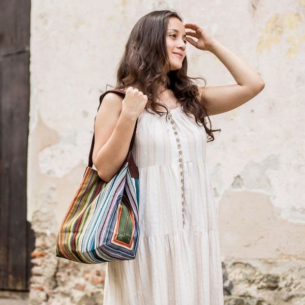 Alternate image for 100 Cotton Handwoven Colorful Striped Tote Handbag Earth and Sky