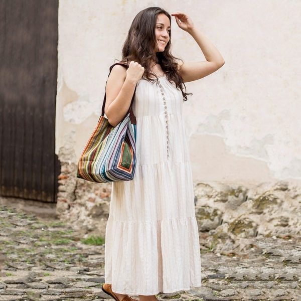 Alternate image for 100 Cotton Handwoven Colorful Striped Tote Handbag Earth and Sky