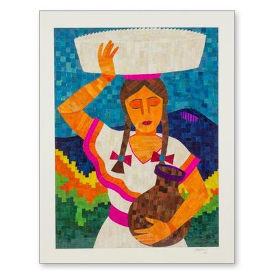 Alternate image for Signed Natural Fiber Collage Portrait of Nicaraguan Woman Nicaraguan Merchant Woman