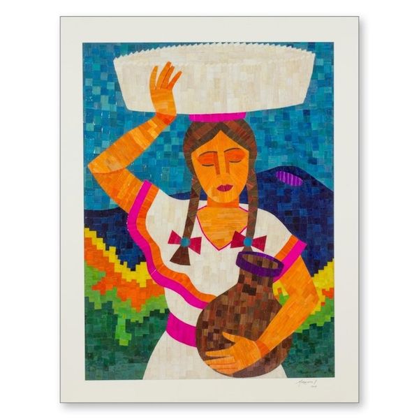 Image for Signed Natural Fiber Collage Portrait of Nicaraguan Woman Nicaraguan Merchant Woman
