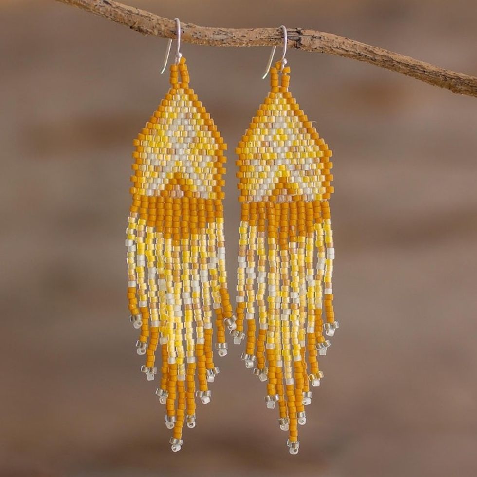 Shades of Yellow Woven Bead Waterfall Earrings 'Peaks and Valleys in Yellow'