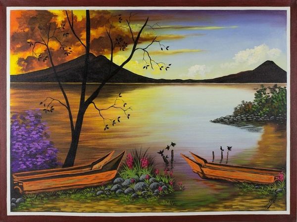 Alternate image for Original Painting of a Lake and Mountains from Guatemala Atitlan Landscape
