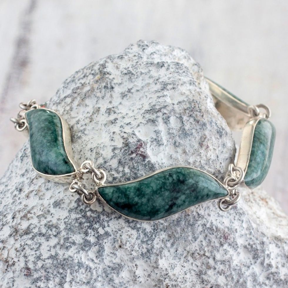 Handmade Sterling Silver Bracelet with Green Maya Jade 'Leaves in the Breeze'
