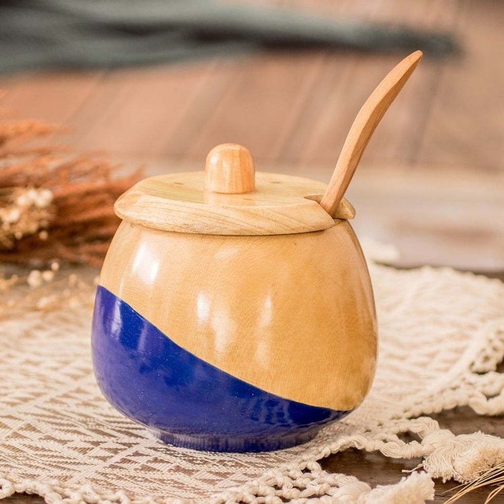 Dip Painted Hand Carved Wood Sugar Bowl 'Sweet Blue'