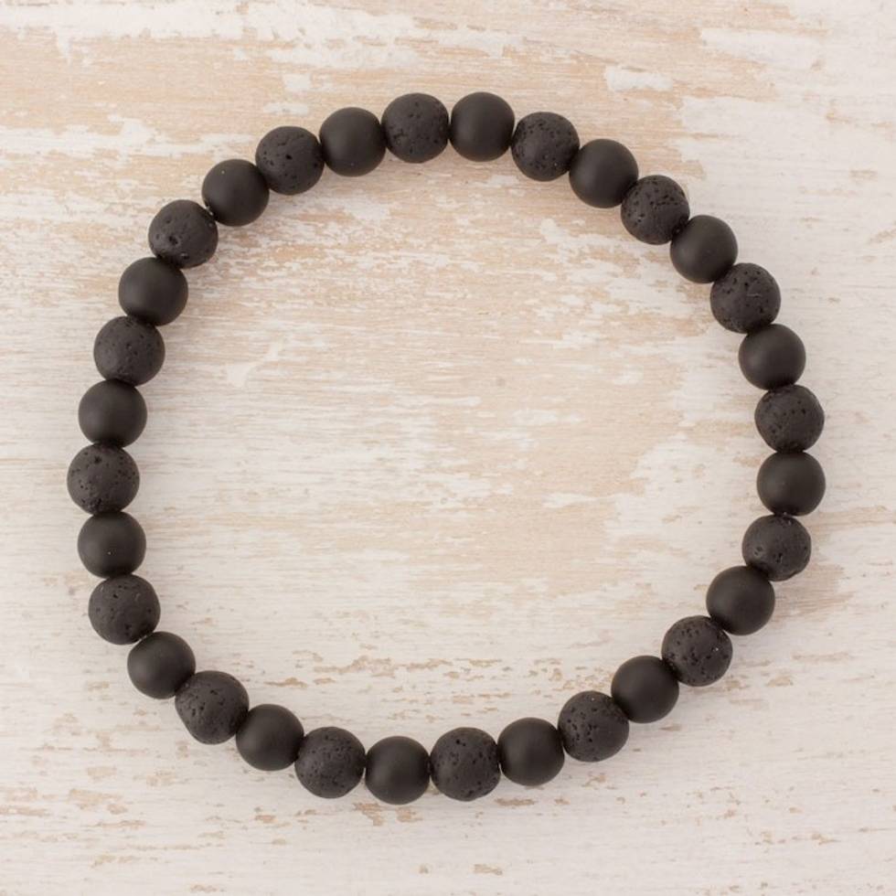 Guatemalan Black Onyx and Lava Stone Beaded Stretch Bracelet 'Dark Earth'