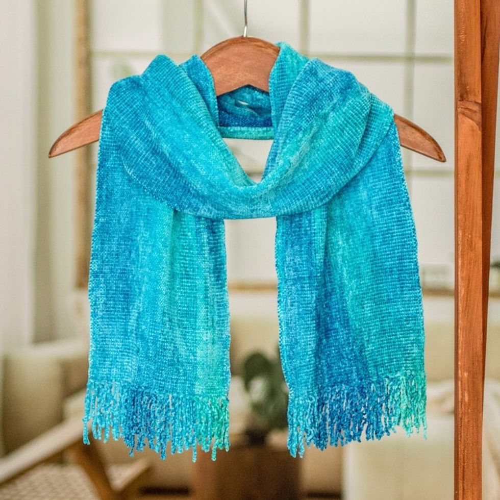 Blue Backstrap Loom Rayon Chenille Scarf 'Radiant Lagoon'