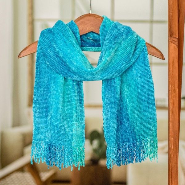 Alternate image for Blue Backstrap Loom Rayon Chenille Scarf Radiant Lagoon