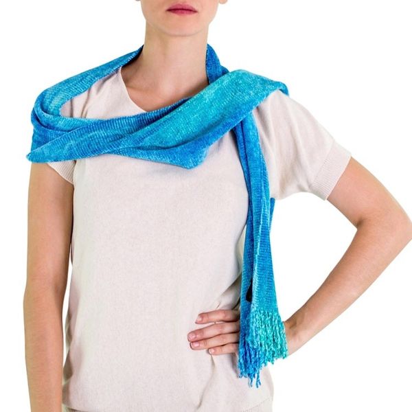 Alternate image for Blue Backstrap Loom Rayon Chenille Scarf Radiant Lagoon