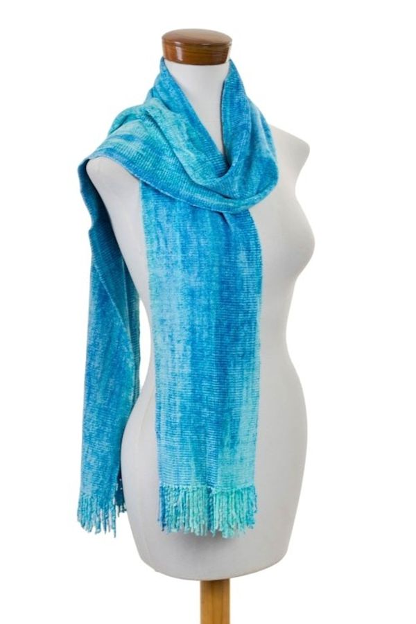 Alternate image for Blue Backstrap Loom Rayon Chenille Scarf Radiant Lagoon