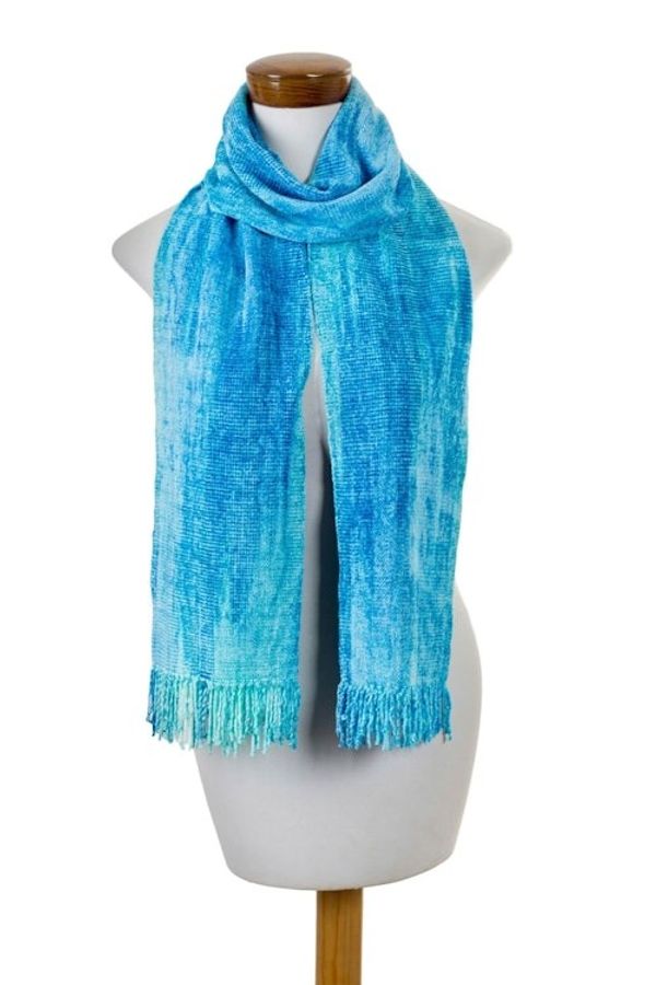 Alternate image for Blue Backstrap Loom Rayon Chenille Scarf Radiant Lagoon
