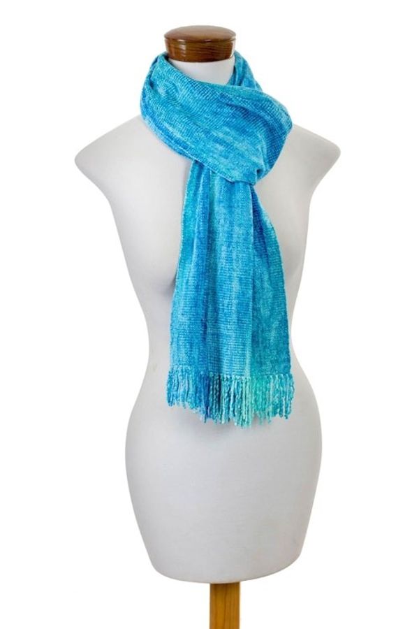 Alternate image for Blue Backstrap Loom Rayon Chenille Scarf Radiant Lagoon