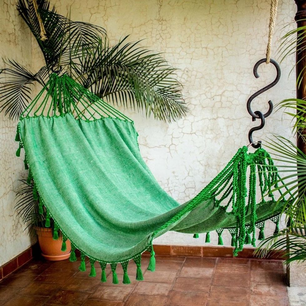 Handwoven Cotton Single Hammock in Viridian from Guatemala 'Forest Trail'