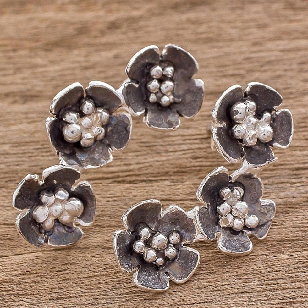 Handcrafted Sterling Silver Flower Trio Drop Earrings 'Floret Trio'