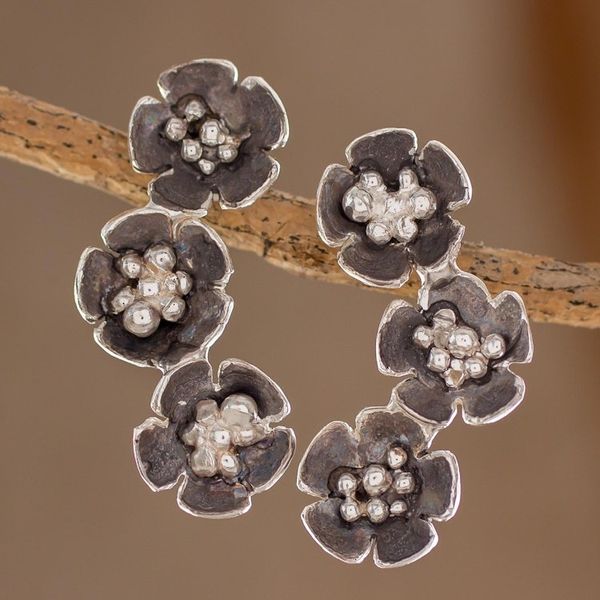 Alternate image for Handcrafted Sterling Silver Flower Trio Drop Earrings Floret Trio
