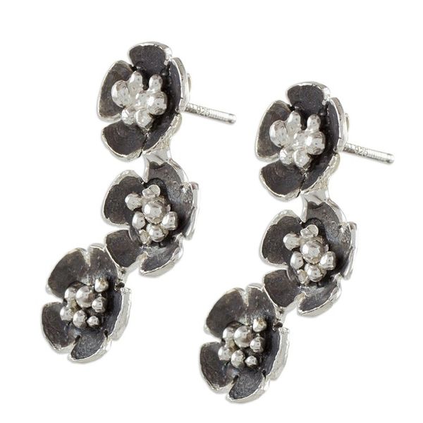 Alternate image for Handcrafted Sterling Silver Flower Trio Drop Earrings Floret Trio