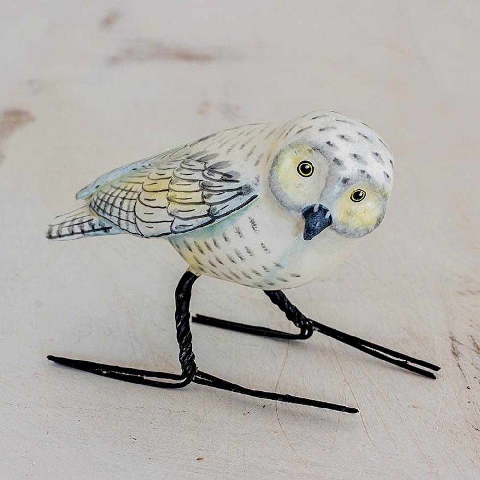 Hand Painted Snowy Owl Ceramic Bird Figurine from Guatemala 'Snowy Owl'