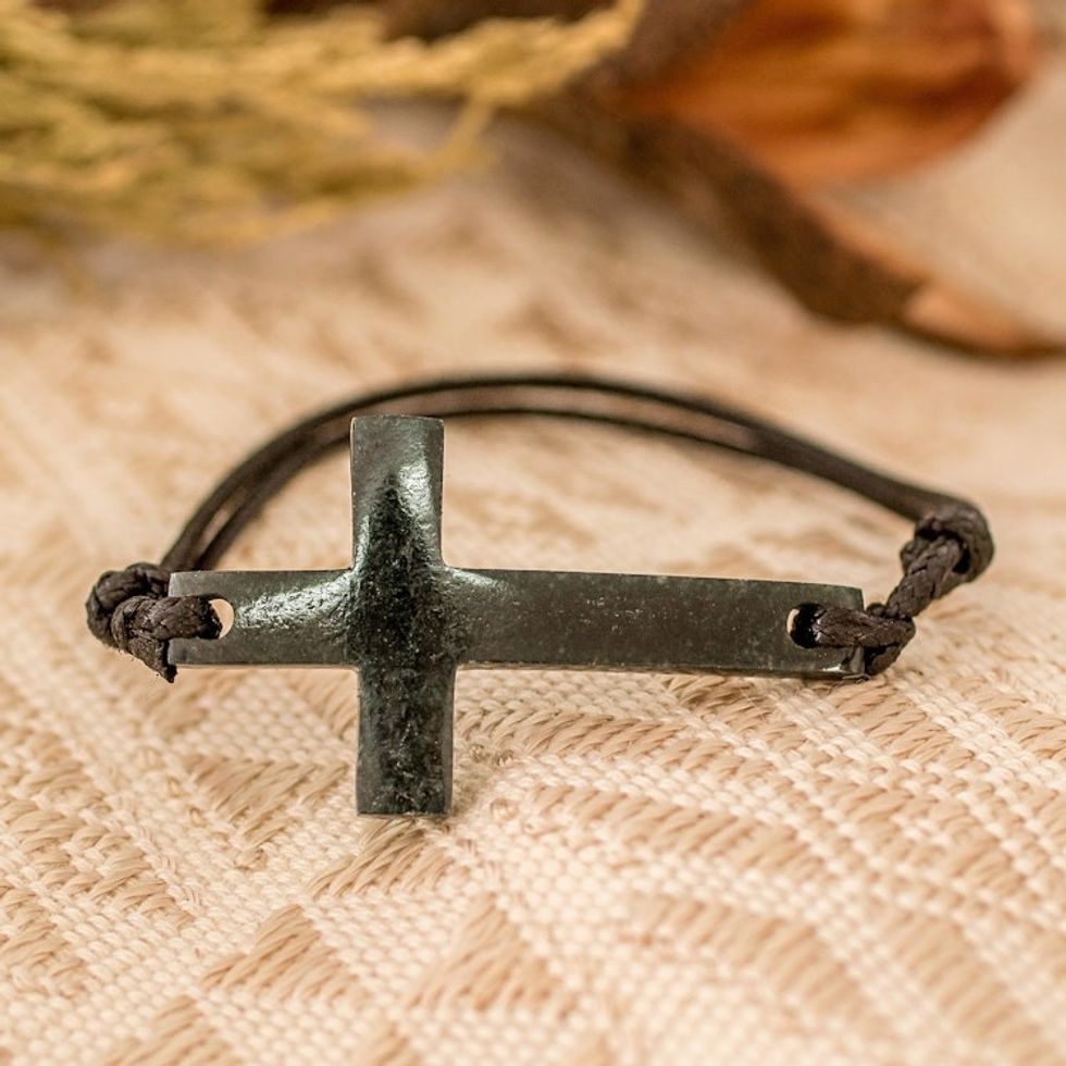 Cross-Shaped Dark Green Jade Bracelet from Guatemala 'Maya Faith in Dark Green'