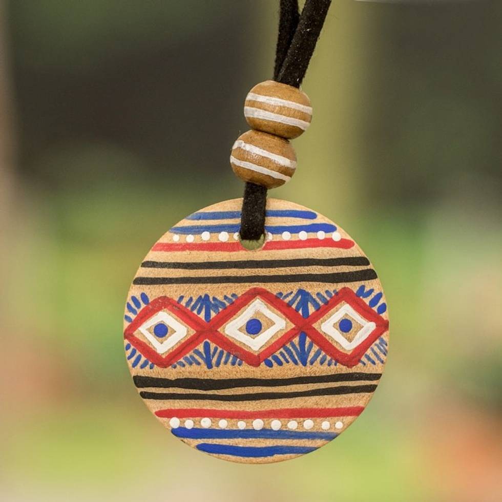 Pinewood Pendant Necklace with Mayan Motifs from Guatemala 'Wise Maya'