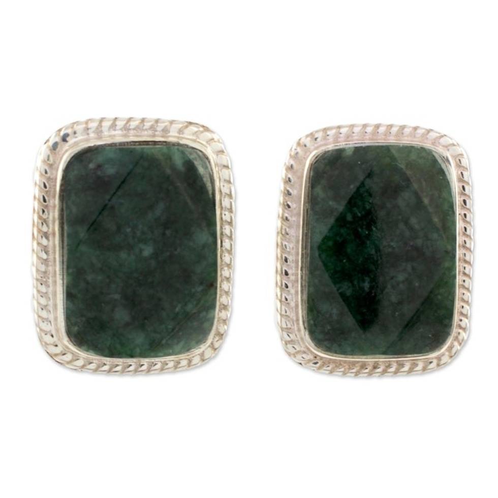 Sterling Silver Green Jade Button Earrings 'Rainforest Shadows'