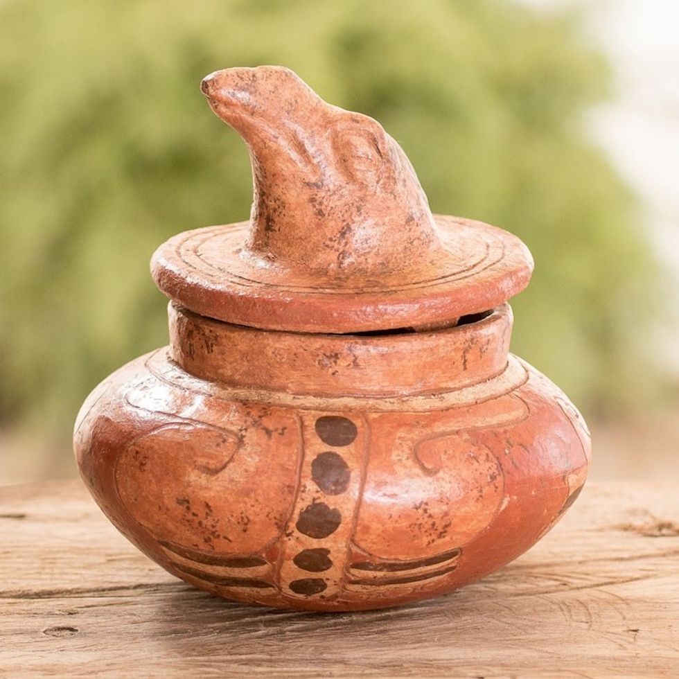Antiqued Ceramic Bowl Maya Art 'Pibil Falcon'