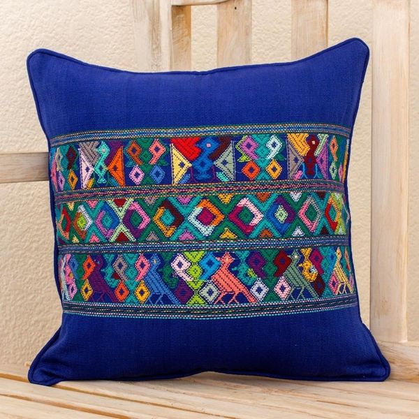Alternate image for Blue Bird Theme Maya Backstrap Woven Cotton Cushion Cover Quiche Birds